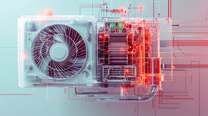 Transparent schematic view of air conditioning unit parts and circuitry