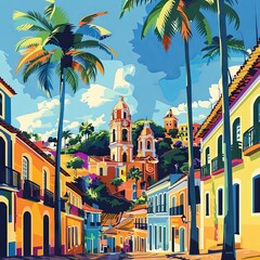 Naklejka premium A vibrant flat digital illustration of Salvador, Bahia, showcasing colorful colonial architecture, Afro-Brazilian heritage, and scenic beauty.