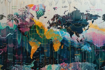 business stock market graphs with a world economic map. - obrazy, fototapety, plakaty