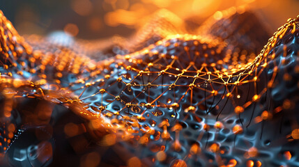 3D render of a nano tech structure with microscopic details and electric currents showcasing the beauty of technology