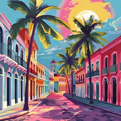 A vibrant flat digital illustration of Recife, Pernambuco, showcasing colorful colonial architecture, Afro-Brazilian heritage, and scenic beauty.

