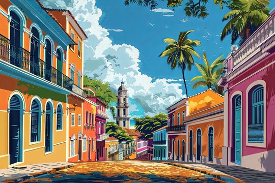 A vibrant flat digital illustration of Recife, Pernambuco, showcasing colorful colonial architecture, Afro-Brazilian heritage, and scenic beauty.

