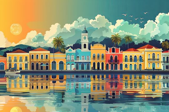 A vibrant flat digital illustration of Recife, Pernambuco, showcasing colorful colonial architecture, Afro-Brazilian heritage, and scenic beauty.

