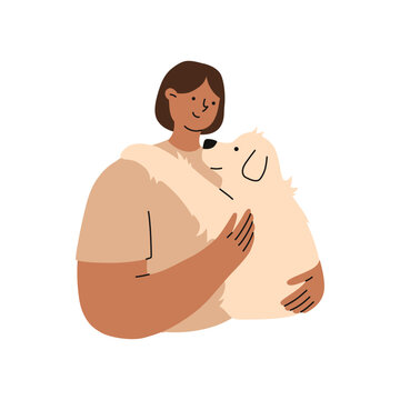 Woman is holding a cute Labrador dog in her hands. Pet owner. Flat vector illustration.
