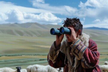 young shepherd with binoculars, scanning the horizon