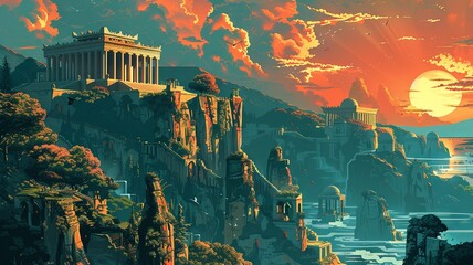Naklejka premium Mount Olympus: Temples & Mythical Creatures