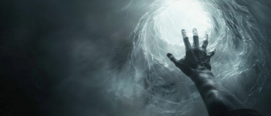 A blackened hand reaching out from the abyss grasping for light in a minimalist void