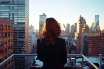 female ceo overlooking the city from a rooftop - obrazy, fototapety, plakaty
