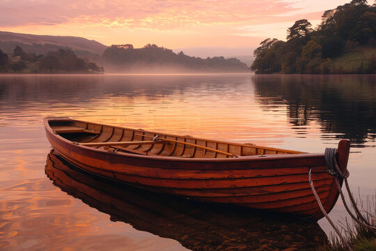Tranquil Sunrise Scene By Water's Edge with Wooden Boat