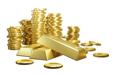 Gold bars and coins 3D render - 739974009