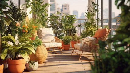 Fototapeta na wymiar Cozy outdoor roof terrace and potted plants