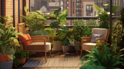 Cozy outdoor roof terrace and potted plants