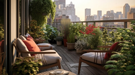 Fototapeta premium Cozy outdoor roof terrace and potted plants