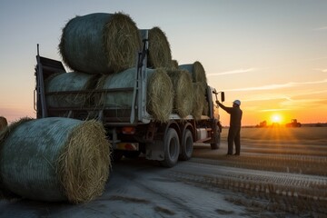 worker loading hay bales onto truck at sunrise