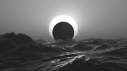 A minimalist black sun setting on a world devoid of color marking the end of an era