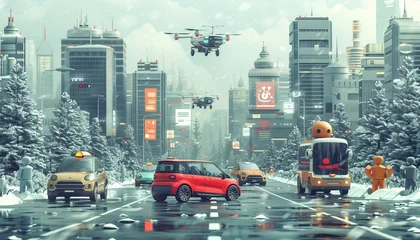 Fotobehang Autonomous Vehicles and AI, Illustrate autonomous vehicles with an image showing self-driving cars, AI © mh.desing