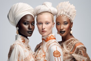 Three women in traditional headwear and makeup, representing diverse beauty