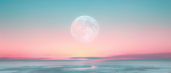 Fototapeta na wymiar A pastel colored moon hanging low over a serene minimalist desert landscape