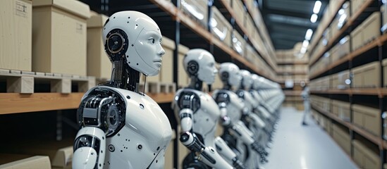 AI driven robots revolutionizing warehouse labor are lined up in a row in this industrial automation facility.