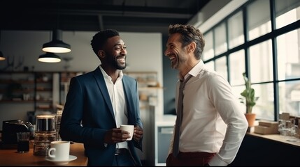 Two businessmen laughing and enjoying a coffee break together.
