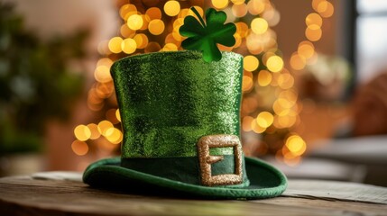 Giant glittering leprechaun hat decoration for St. Patrick's Day celebrations, the Irish holiday.