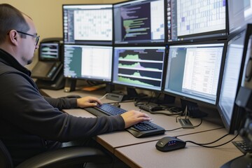 individual at desk with multiple screens, typing away