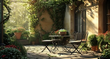 Stylish Outdoor Patio Decor with Furniture Set in a Lush Garden Setting