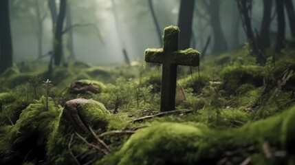 Miniature Easter garden featuring wooden crosses, vibrant flowers and greenery