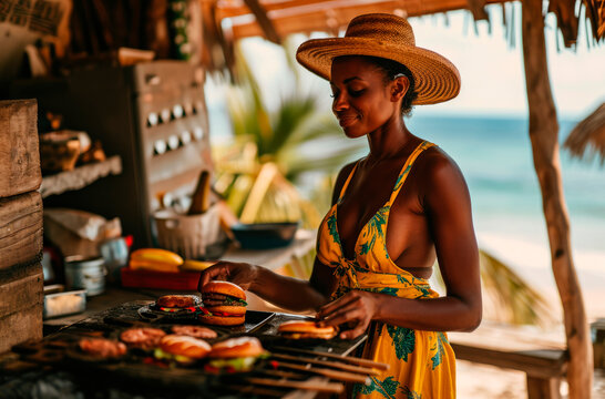Flavors of Brazil by the Beach: A Brazilian Woman, Clad in Yellow and Green, Whips Up a Feast, Grilling Hamburgers Outdoors, Infusing Summertime with Irresistible Aromas.