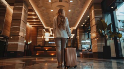 Elegant woman with big suitcase walking down hotel hall, view from back