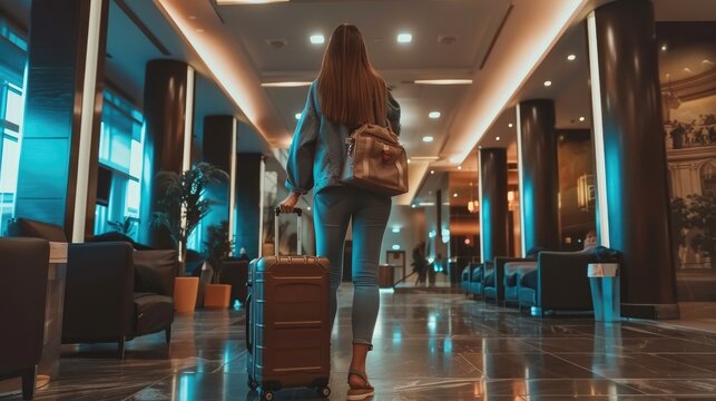 Elegant woman with big suitcase walking down hotel hall, view from back