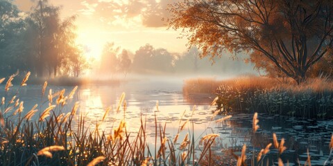 Serene landscape of reed meadow by river at sunset picturesque scene capturing tranquil beauty of...