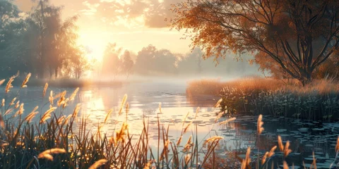 Tuinposter Reflectie Serene landscape of reed meadow by river at sunset picturesque scene capturing tranquil beauty of nature with golden sunlight reflecting on water perfect for backgrounds depicting environments
