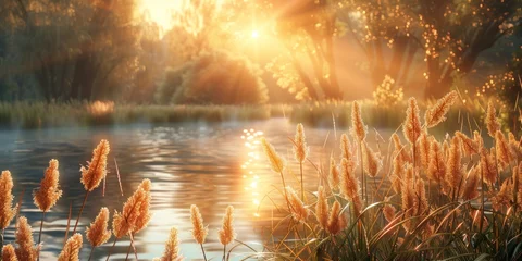 Gordijnen Serene landscape of reed meadow by river at sunset picturesque scene capturing tranquil beauty of nature with golden sunlight reflecting on water perfect for backgrounds depicting environments © Bussakon