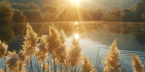Papier Peint photo autocollant Réflexion Serene landscape of reed meadow by river at sunset picturesque scene capturing tranquil beauty of nature with golden sunlight reflecting on water perfect for backgrounds depicting environments