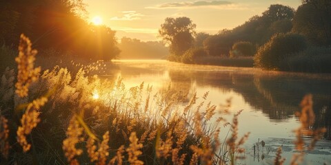 Serene landscape of reed meadow by river at sunset picturesque scene capturing tranquil beauty of nature with golden sunlight reflecting on water perfect for backgrounds depicting environments