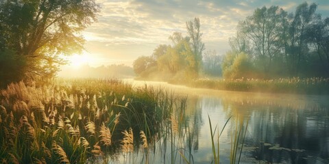 Serene landscape of reed meadow by river at sunset picturesque scene capturing tranquil beauty of nature with golden sunlight reflecting on water perfect for backgrounds depicting environments