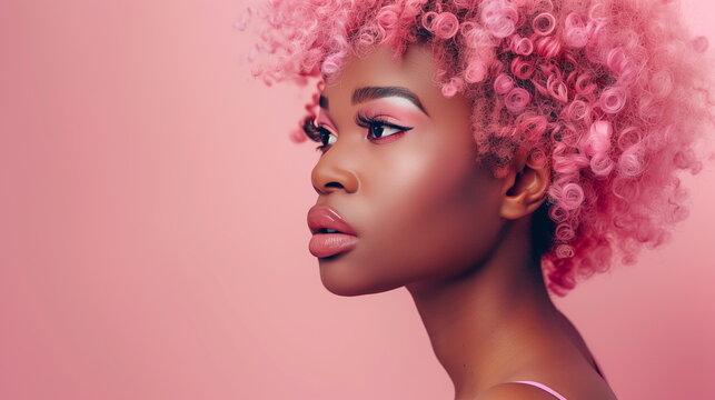Close up studio portrait of attractive cute female african ethnicity. Pretty darkskinned girl with soft curly pink wig. Isolated pink bakground. Copy space.