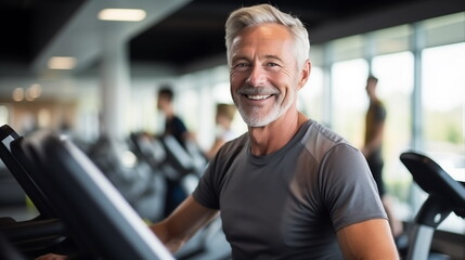 Attractive senior man with stylish grey beard running on track in gym. Man in sports center. - obrazy, fototapety, plakaty