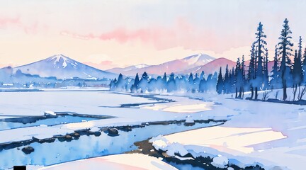 水彩画背景_日本の冬の雪山_03