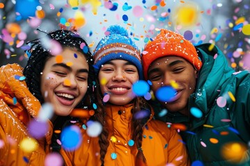 A jubilant group of friends donning stylish outfits and adorned with party accessories stand beaming with joy and camaraderie as confetti falls around them at an outdoor festival