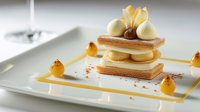 image of an exquisite, modern-style dessert crafted on a white plate. 