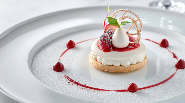 image of an exquisite, modern-style dessert crafted on a white plate. 