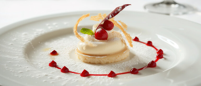 image of an exquisite, modern-style dessert crafted on a white plate. 