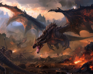 Adventure illustration showcasing a battle between a mighty dragon and colossal monsters a fantasy art spectacle