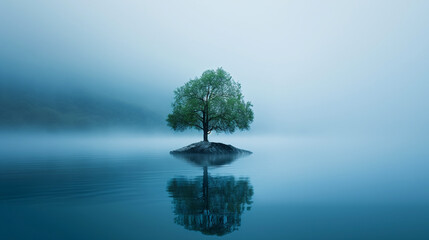 A lonely tree in the middle of a lake on a small island during the morning fog.