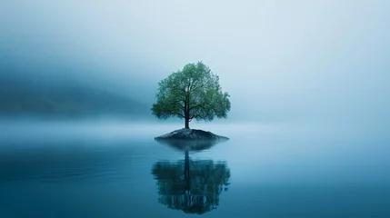 Fotobehang A lonely tree in the middle of a lake on a small island during the morning fog. © Bulat