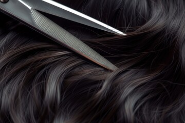 closeup of scissors cutting through dark hair - obrazy, fototapety, plakaty