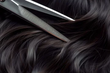 Fototapeten closeup of scissors cutting through dark hair © stickerside