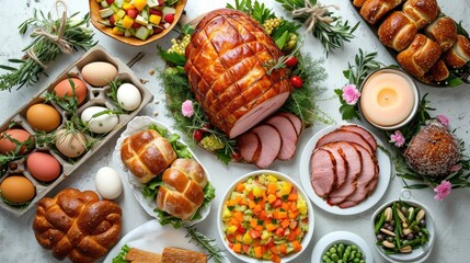 Traditional Easter dinner or brunch with ham, colored eggs, hot cross buns, cake and vegetables. Easter meal dishes with holday decorations. Top view